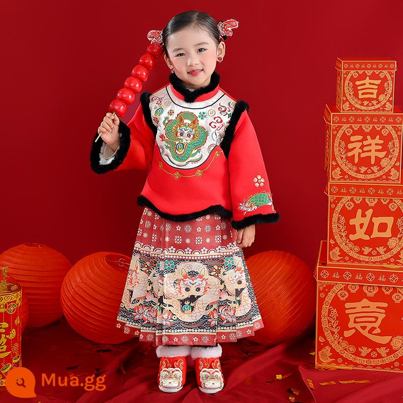 Quần áo chúc mừng năm mới cho bé trai Hanfu phong cách Trung Hoa Lễ hội mùa đông dành cho bé gái Bộ đồ dày dành cho trẻ em Bộ đồ váy một tuổi của bé - Little Green Dragon Girls (phiên bản nâng cấp với chất liệu cotton và dày)