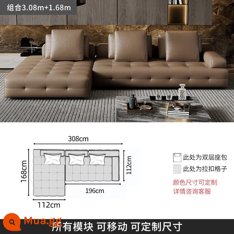 Ý tối giản ánh sáng sang trọng Sofa Lawrence lớp đầu tiên kết hợp da bò phòng khách căn hộ lớn biệt thự thiết kế mô-đun da - [Da bò hạt dày cấp S] kết hợp 3,08m+1,68m (có tựa đầu di chuyển)