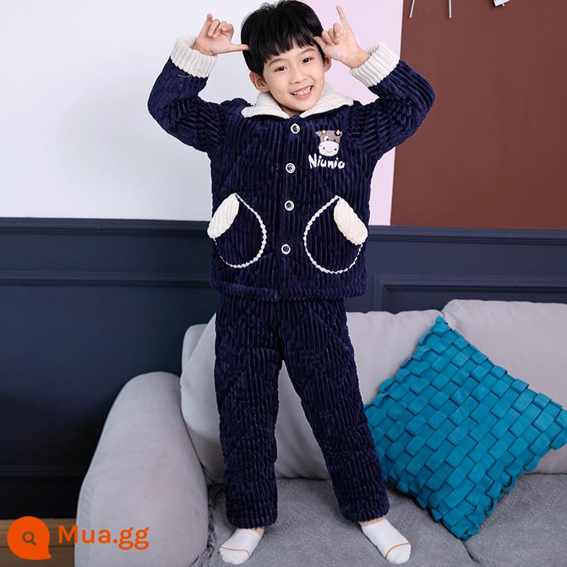 Bộ đồ ngủ vải nỉ san hô trẻ em mùa đông dày dặn ở nhà Bộ đồ ngủ cotton 3 lớp vải flannel cho trẻ em - bê hải quân