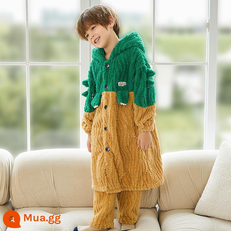 Váy ngủ trẻ em bộ đồ ngủ flannel dài tay cho nam và nữ, áo choàng mùa thu và mùa đông cho trẻ em cộng với áo choàng tắm trẻ em dày bằng nhung - Khủng long nhỏ màu vàng và xanh