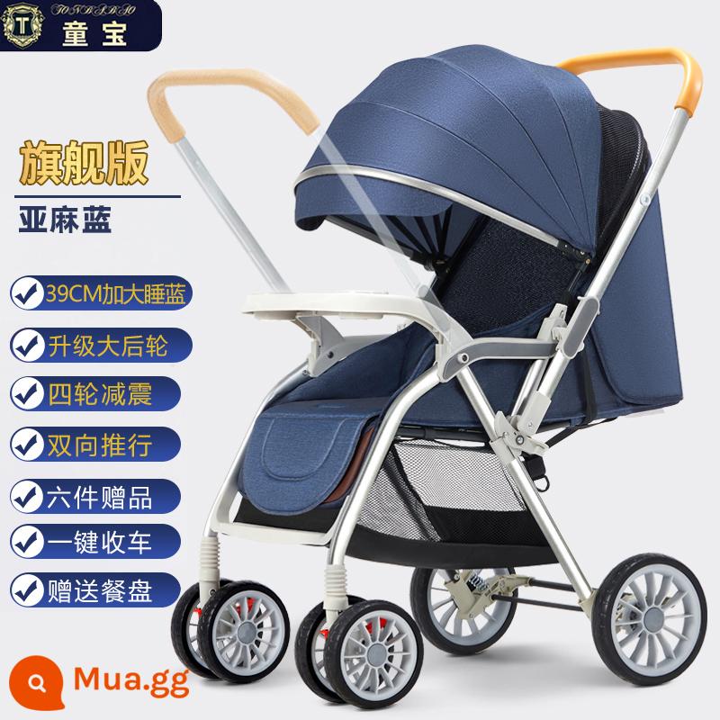 Xe đẩy trẻ em Tongbao có thể ngồi và nằm siêu nhẹ gấp di động xe đẩy bốn bánh đơn giản xe đẩy em bé sơ sinh - Phiên bản hàng đầu Silver Tube Linen Bánh xe lớn hai chiều màu xanh