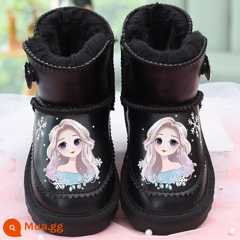 Da cô gái giày tuyết 2022 BOOTS mùa đông mới Giày bông dày đôi giày trẻ em Giày trẻ em ấm áp cotton cotton chống tuyết không thấm nước - Ice Crown Princess Đen + Da thật chống thấm nước + Đáy mềm Oxford