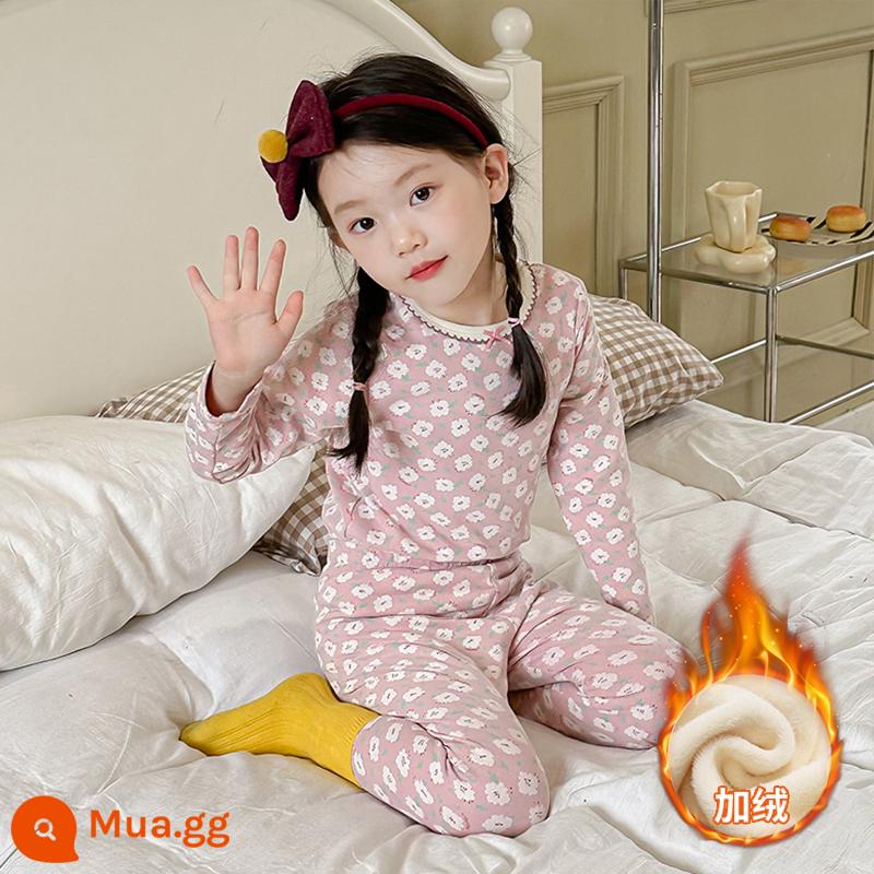 Bộ đồ lót giữ nhiệt trẻ em bằng nhung bắc cực cộng với nhung dày bé trai và bé gái cotton nguyên chất cho bé một bộ đồ ngủ cotton nhung mùa đông - [Plus Velvet Style] Cotton màu hồng và tím