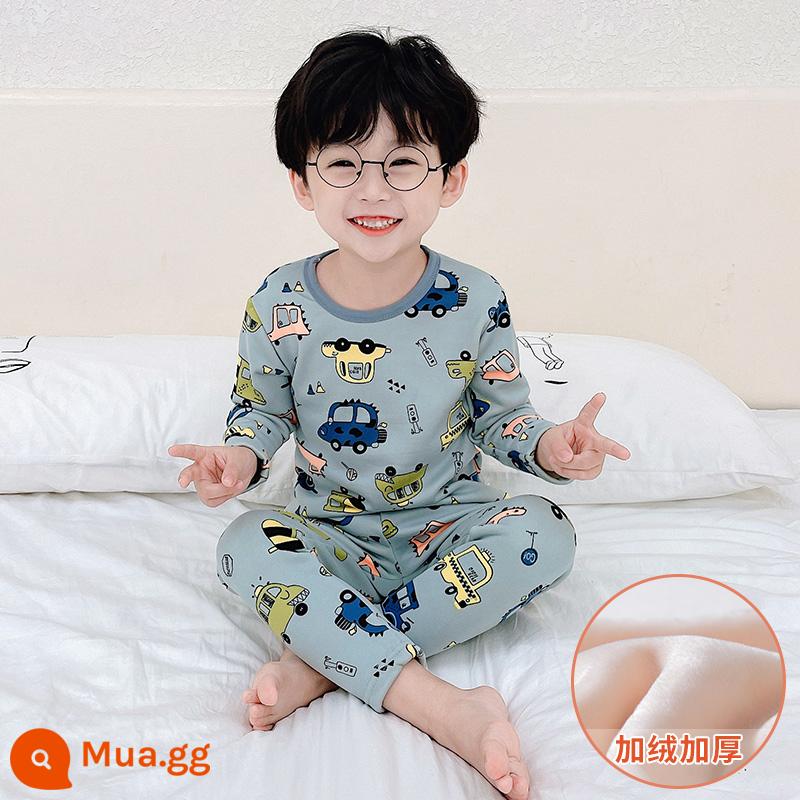 Bộ đồ lót giữ nhiệt trẻ em bằng nhung bắc cực cộng với nhung dày bé trai và bé gái cotton nguyên chất cho bé một bộ đồ ngủ cotton nhung mùa đông - [Phong cách nhung cộng] Phim hoạt hình xe hơi màu xanh sương mù