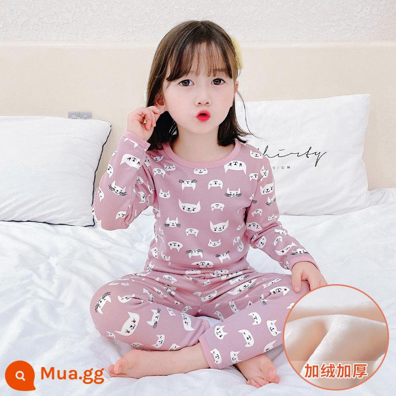 Bộ đồ lót giữ nhiệt trẻ em bằng nhung bắc cực cộng với nhung dày bé trai và bé gái cotton nguyên chất cho bé một bộ đồ ngủ cotton nhung mùa đông - [Phong cách lông cừu]Mèo con màu hồng tím