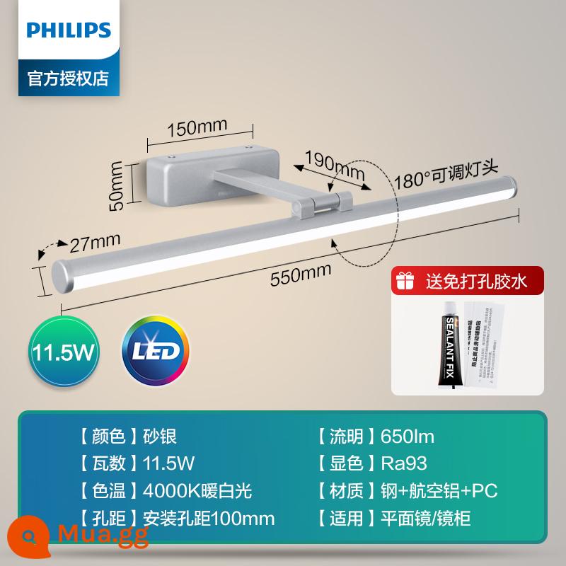 Philips Gương Mặt Trước Đèn Trang Điểm Tủ Gương Đèn Trang Điểm Đặc Biệt Tủ Phòng Tắm Gương Nhẹ Bàn Trang Điểm Lấp Đầy Ánh Sáng Thay Đồ - Loại không đục lỗ 55cm bạc mờ [Ánh sáng trắng ấm 4000K] 11,5W