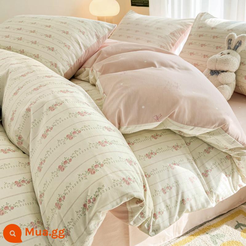 Bộ bốn mảnh giường ngủ bằng vải cotton nguyên chất, vải cotton nguyên chất Bộ khăn trải giường, ga trải giường và vỏ chăn bông mùa xuân theo phong cách Bắc Âu, bộ ga trải giường ba mảnh vừa vặn - Xiaoyuan Ruyu [dành riêng cho co ngót, không trôi, 100% cotton chải kỹ]