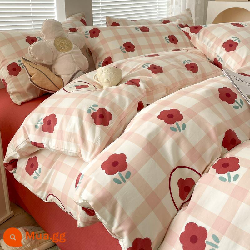 Ins gió giường 4 món 100 cotton ga trải giường cotton nguyên chất Tulip 3 bộ nhỏ họa tiết hoa chăn ga gối đệm ga trải giường - Bán lãng mạn [in 100% cotton]