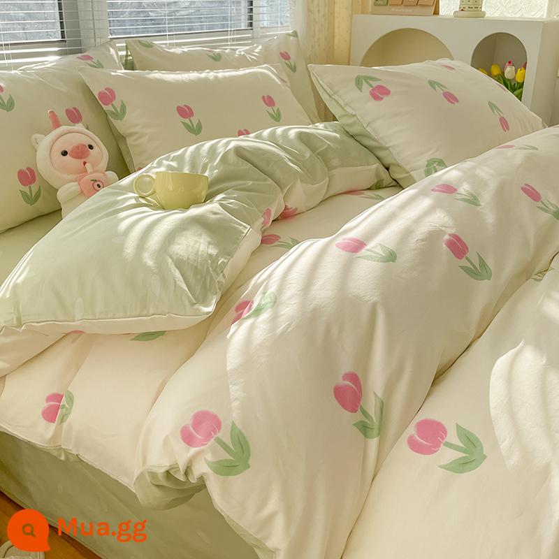 Bộ bốn mảnh giường ngủ bằng vải cotton nguyên chất, vải cotton nguyên chất Bộ khăn trải giường, ga trải giường và vỏ chăn bông mùa xuân theo phong cách Bắc Âu, bộ ga trải giường ba mảnh vừa vặn - Vườn Tulip [dành riêng cho co ngót, không trôi, 100% cotton chải kỹ]