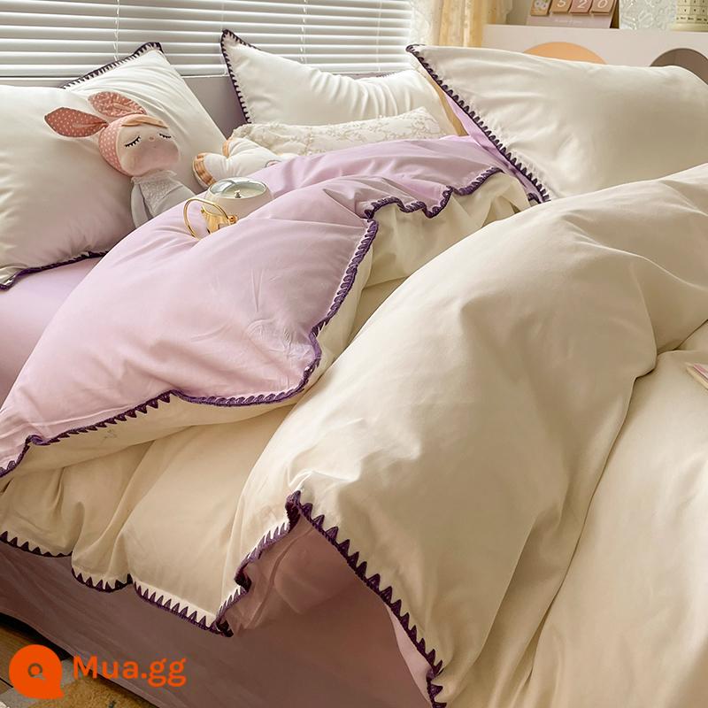 Đơn Giản Giường Cotton Bộ 4 Món 100 Bông Nguyên Chất Giặt Cotton Ins Ga Giường Trang Bị Ký Túc Xá Vỏ Chăn 3 Bộ Chăn Ga Gối - Vỏ thêu-màu trắng sữa và tím