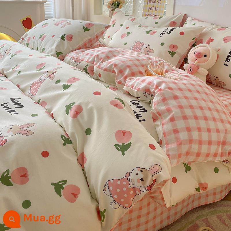 Ins gió giường 4 món 100 cotton ga trải giường cotton nguyên chất Tulip 3 bộ nhỏ họa tiết hoa chăn ga gối đệm ga trải giường - Thỏ Tulip [in 100% cotton]