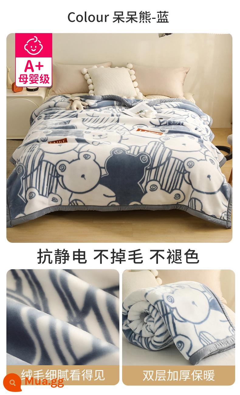 Raschel chăn dày mùa thu và mùa đông san hô ấm flannel chăn đơn ký túc xá sinh viên giường với chăn - Slow Bear-Blue [Bộ đồ giường dày hai lớp, đa năng]