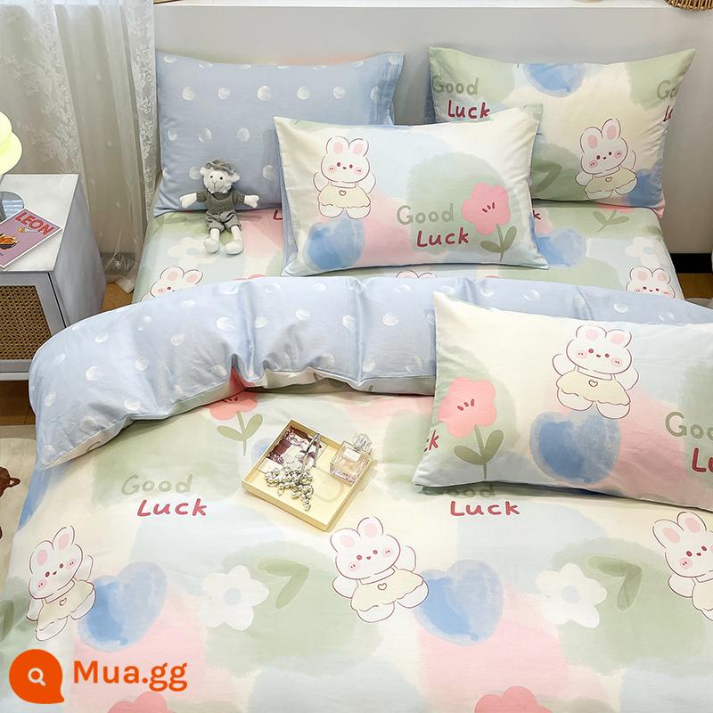 Nhỏ tươi ga trải giường 4 món cotton nguyên chất vỏ chăn 1.5m1.8m ins ký túc xá sinh viên đại học giường 3 món - Thỏ Xiaobei [bông nguyên chất chất lượng cao]