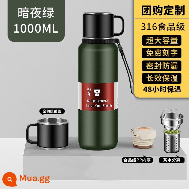 Thép Không Gỉ 316 Cốc Cách Nhiệt Dung Tích Lớn 1000Ml Ấm Siêu Tốc Di Động Tất Cả Thép Không Gỉ Cốc Nước Nam Trà 800Ml - 1000ml xanh - miễn phí khắc