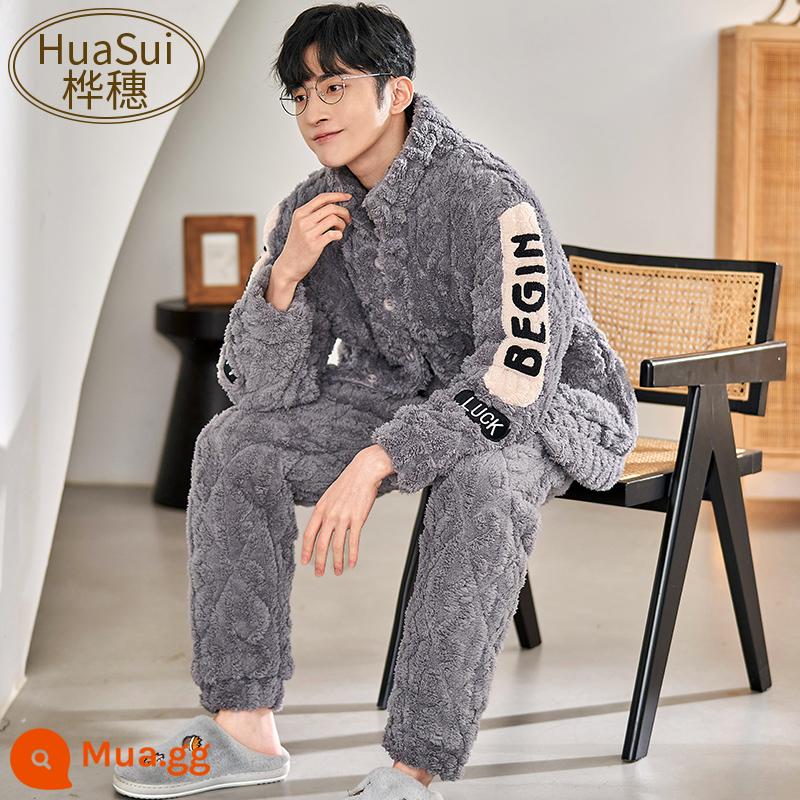 Pyjamas Men's Winter Coral Velvet Velvet Song pluffy ba -layer Cotton Set - A8803-22J cánh tay tiếng Anh nam