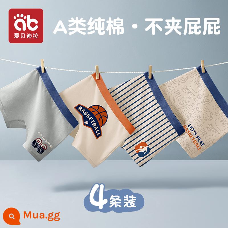 Quần lót bé trai, quần lót boxer trẻ em, quần đùi cotton nguyên chất, 100% trẻ em vừa và lớn, quần đùi tam giác và boxer cho bé trai, 100% cotton - Ngôi sao bóng rổ (4 gói)