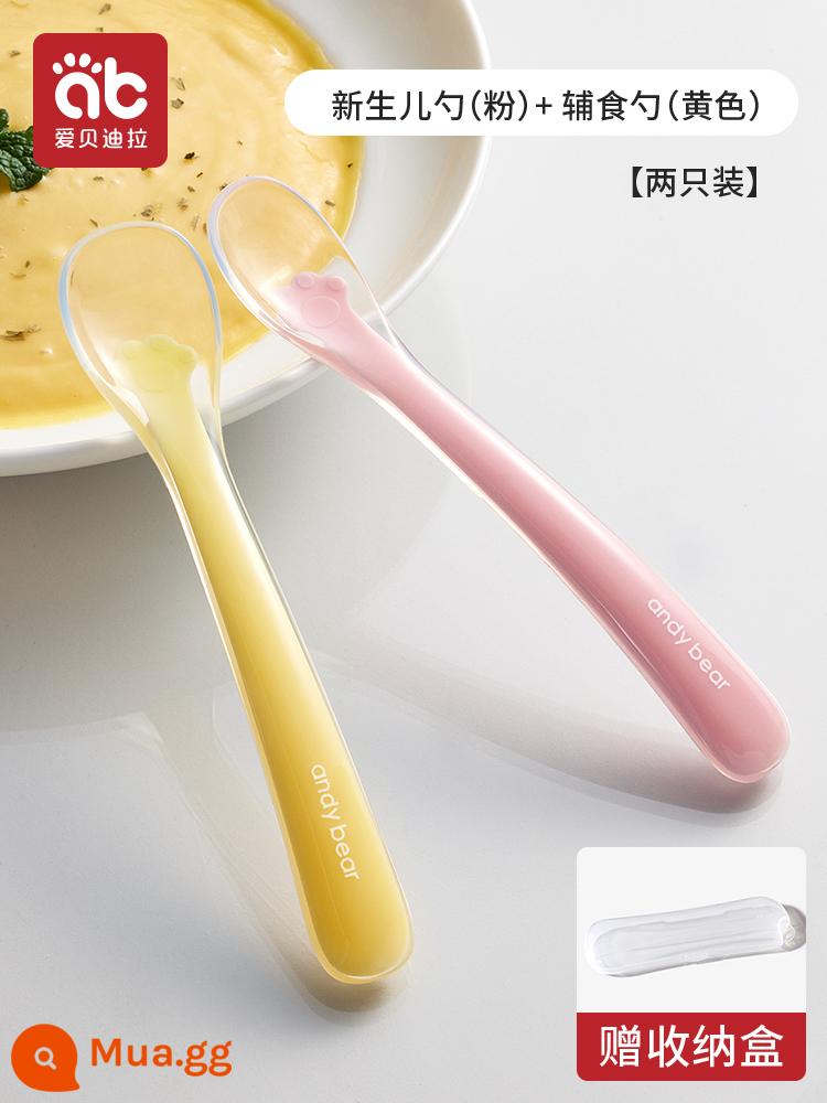 Muỗng silicone cho bé sơ sinh cho bé ăn nước thìa nhỏ bộ đồ ăn trẻ em ăn thức ăn không chủ yếu bát đầu mềm thìa silicone mềm - [Gói hai, tất cả trong một] Vàng + Hồng [Hộp đựng không bụi miễn phí]