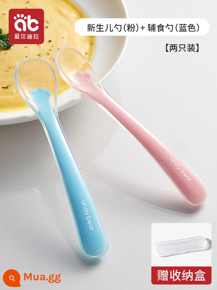 Muỗng silicone cho bé sơ sinh cho bé ăn nước thìa nhỏ bộ đồ ăn trẻ em ăn thức ăn không chủ yếu bát đầu mềm thìa silicone mềm - [Gói hai, tất cả trong một] Xanh + Hồng [Hộp đựng không bụi miễn phí]