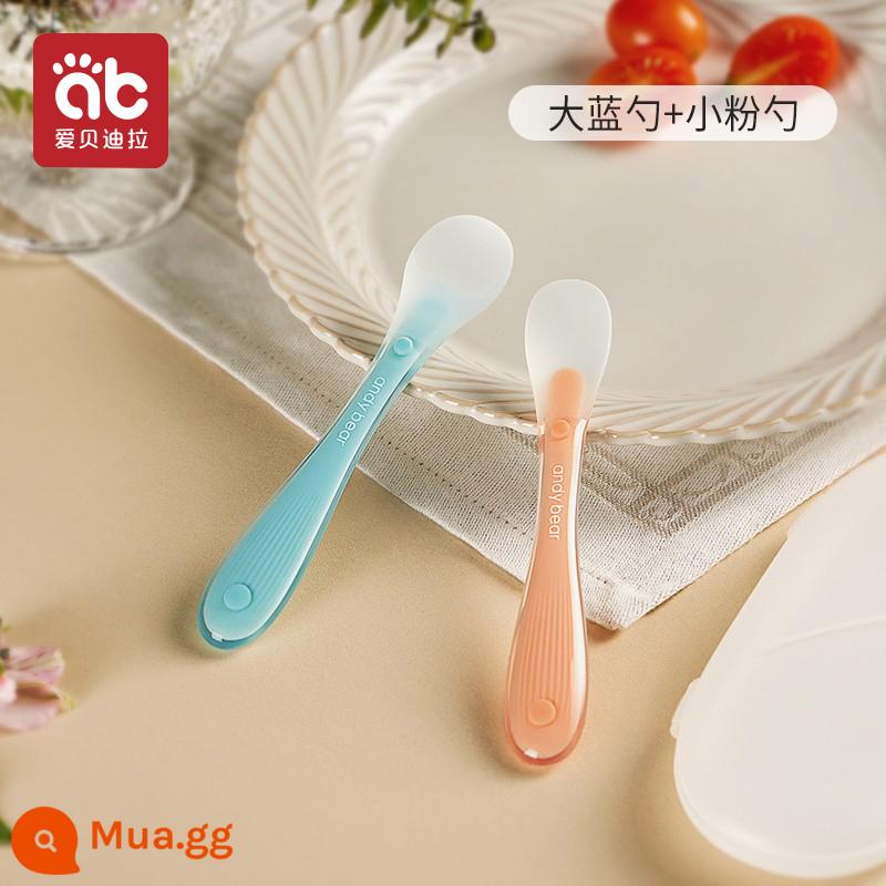 Muỗng silicone cho bé sơ sinh cho bé ăn nước thìa nhỏ bộ đồ ăn trẻ em ăn thức ăn không chủ yếu bát đầu mềm thìa silicone mềm - [Gói hai chiếc] Xanh + Hồng [Hộp đựng không bụi miễn phí]