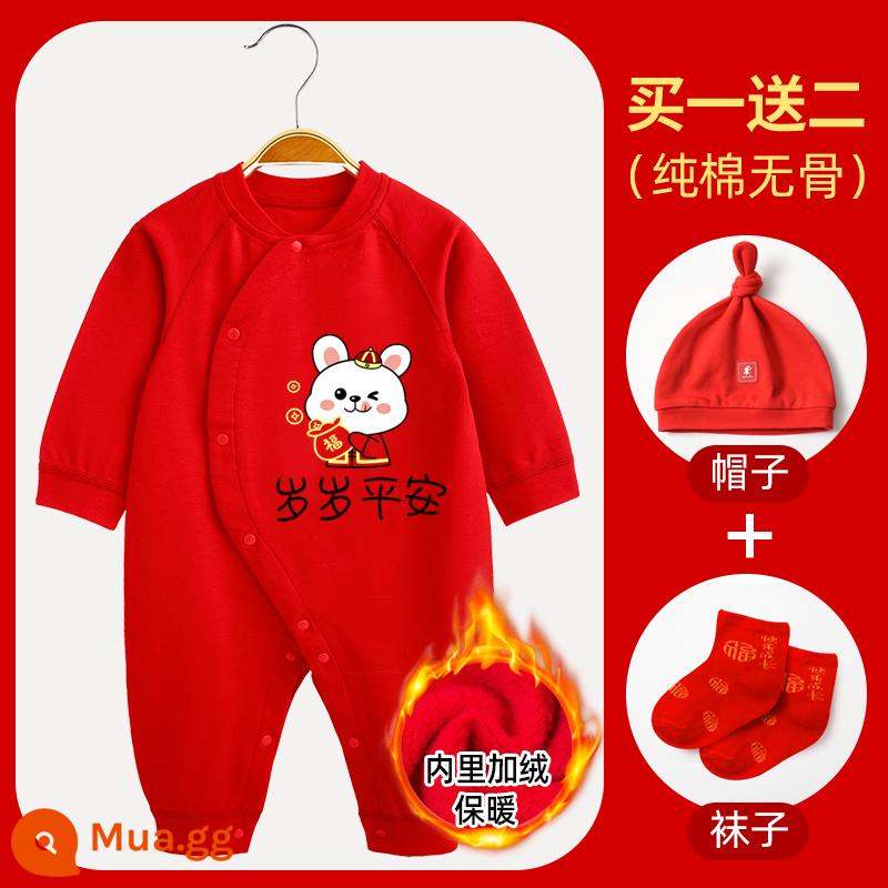 Áo liền quần cotton nguyên chất cho bé Quần áo năm mới quần áo trăng tròn sơ sinh áo liền quần lễ hội năm mới áo liền quần mùa xuân, thu đông - [Phong cách lông cừu] Suisui Ping An Bunny (bao gồm mũ + tất)