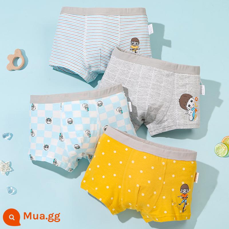 Quần lót trẻ em bé trai cotton 4 góc bé trai cotton trung và lớn boxer bé trai 100% quần đùi bé không kẹp mông - Chàng Trai Nắng (4 gói)