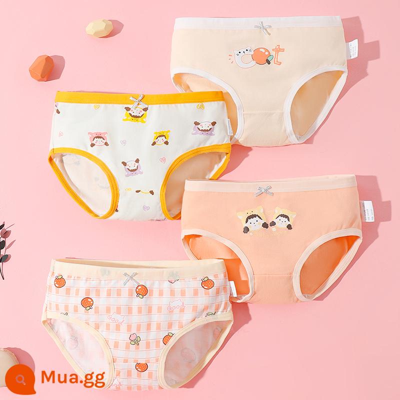 Quần lót bé gái boxer cotton nguyên chất không kẹp pp cotton tam giác bé trai bé gái quần short 100% 4 góc - Mèo Cam (4 Gói) Kiểu Tam Giác