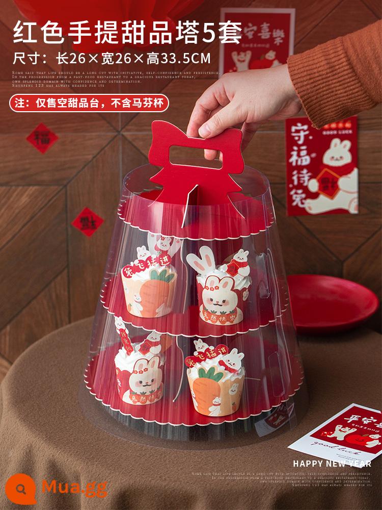 Năm Mới 2023 Thỏ Cupcake Hộp Đóng Gói Cốc Hộp Bao Bì Muffin Cup 4 Hạt 6 Nướng Trong Suốt Hộp Quà - Tháp tráng miệng di động màu đỏ 5 bộ