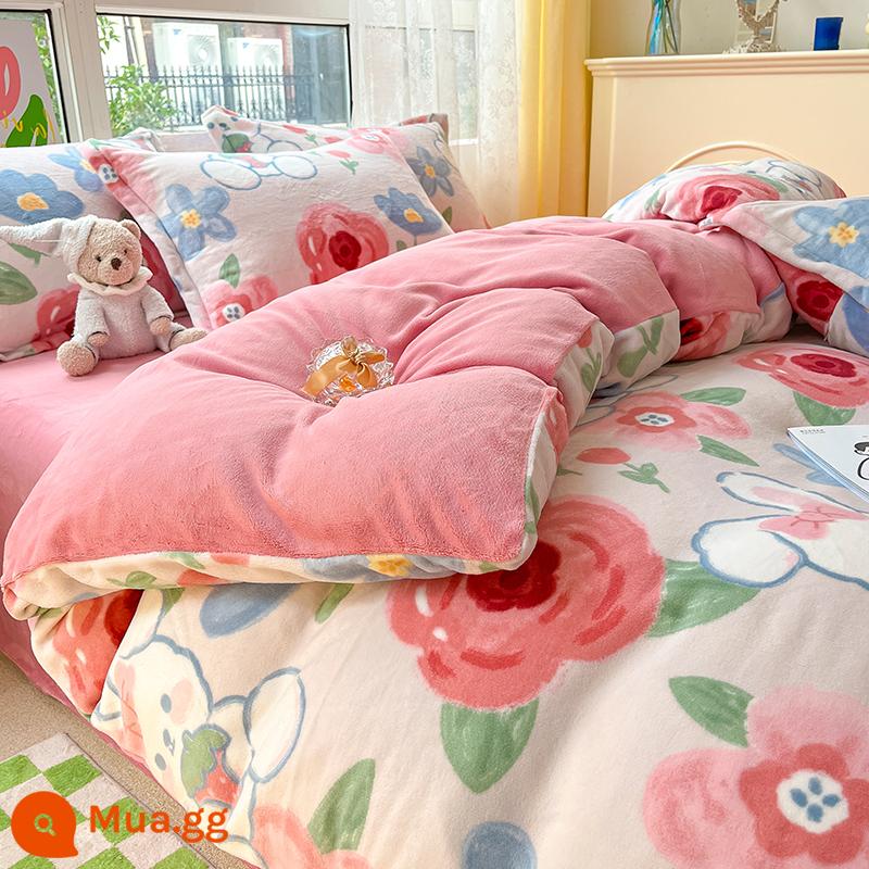 Sữa làm đặc nhung vỏ chăn mùa đông Plus nhung mùa đông nhung san hô vỏ chăn 1 flannel đơn chăn 4 bộ - Thỏ Hồng [nhung sữa cao cấp]