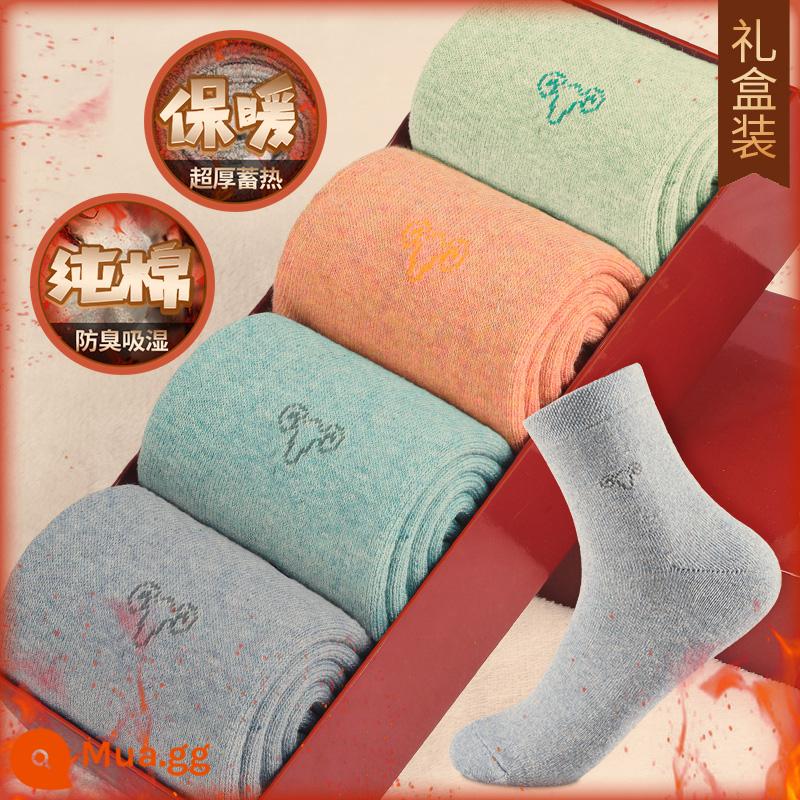 Henngyuanxiang Vớ bông nguyên chất Mùa thu và mùa đông ấm áp và nhung, mùa đông Dothoran Anti -cotton TOCT SOCKS - Mẫu nữ đầu cừu-1 xanh dương 1 xanh lá 1 xanh da trời 1 cam