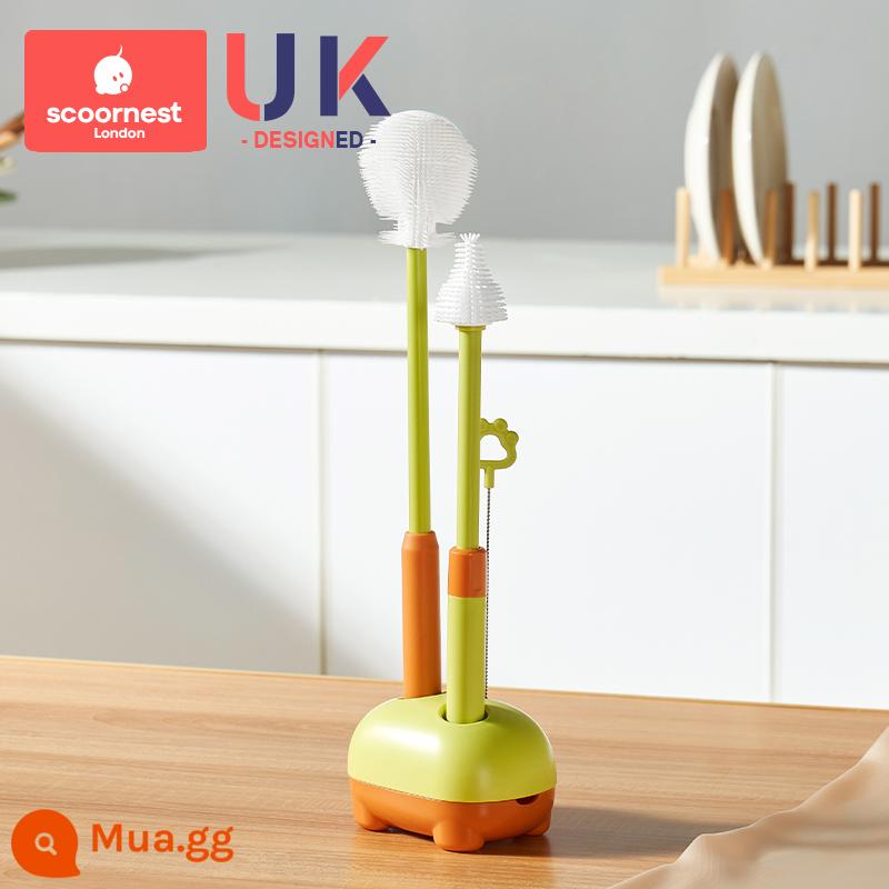 Bàn chải bình sữa silicone cho bé đặc biệt bàn chải núm vú giả bàn chải ống hút bàn chải bình nước bàn chải súc rửa bàn chải làm sạch bộ bàn chải làm sạch - Bộ ba chiếc đầu bàn chải silicone gấp nâng cấp + giá đựng thú cưng dễ thương--Ster Green