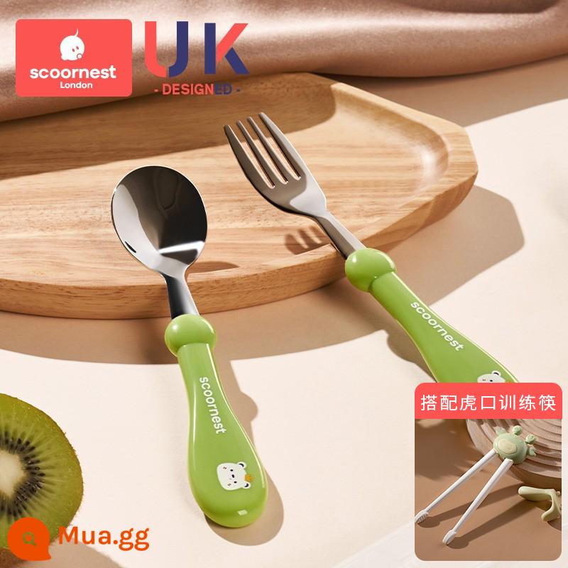 Nhánh tổ nĩa thìa thìa bé tập ăn tập ăn nĩa cho bé bộ đồ ăn tự xúc cơm thìa inox - Winter Green [Hộp đựng miễn phí] + Đũa tập [Yashi Green]