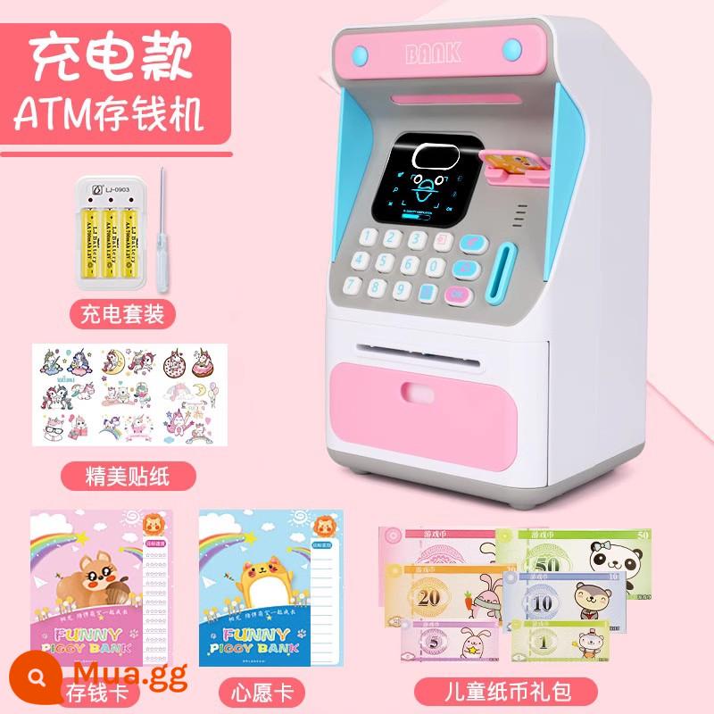 Tiền gửi tự động ATM dành cho trẻ em và heo đất tiết kiệm máy rút tiền chỉ có thể ra vào ô mật khẩu dành cho bé trai và bé gái 2023 mới - Máy ATM nhận dạng khuôn mặt-Hồng [Truy vấn số dư nâng cấp] Phiên bản có thể sạc lại