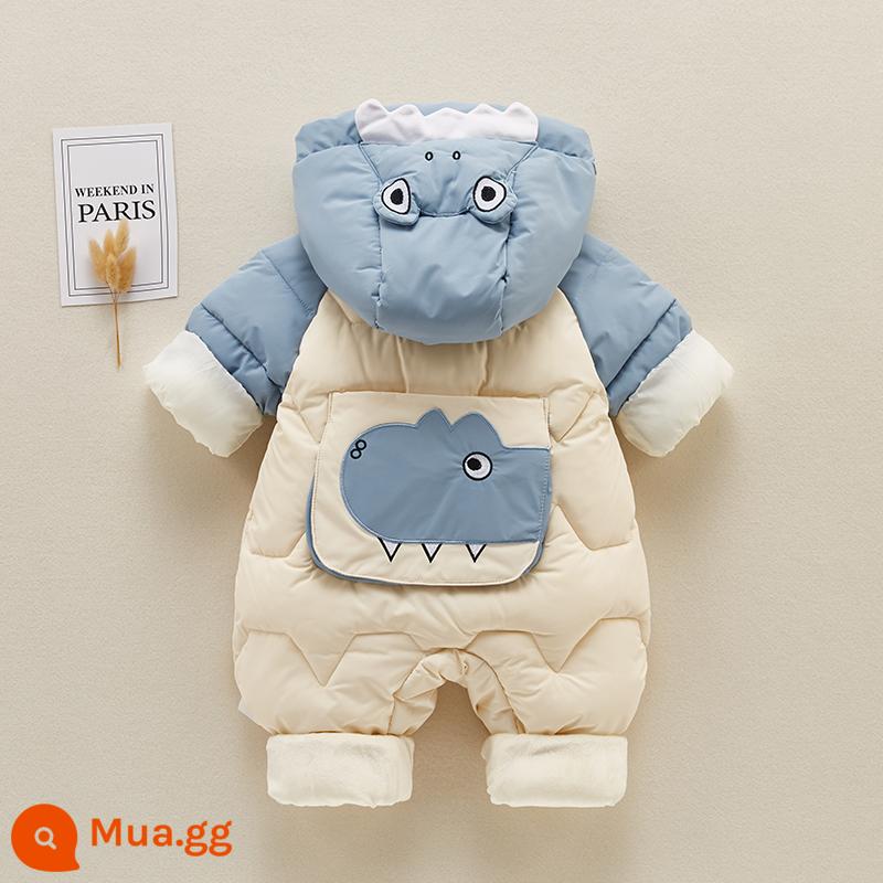 Trẻ sơ sinh áo liền quần mùa thu đông xuống quần áo cotton 0-3 tháng cho bé dày áo liền quần quần áo sơ sinh triều 6 - Quần yếm dày cá sấu nhỏ màu xanh lam