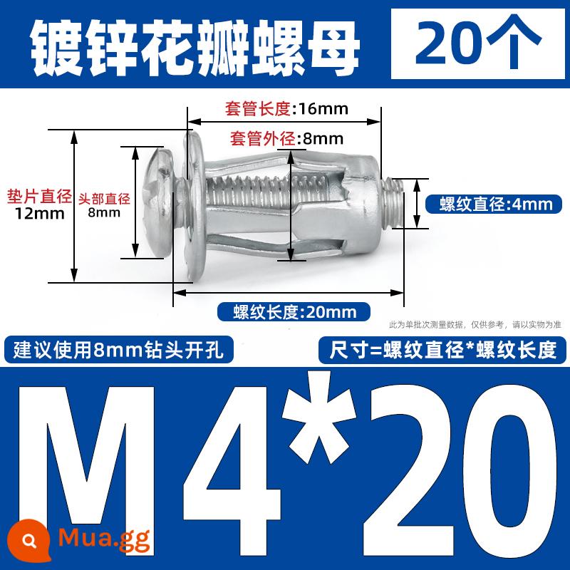 Cánh hoa đai ốc vít mở rộng rỗng tắc kè tấm nhựa sắt rỗng biển số xe đèn lồng bu lông đinh tán - M4*20 (20 miếng) loại cánh hoa