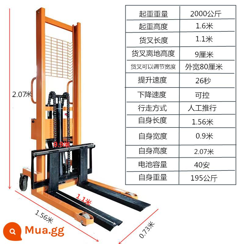 Xe nâng thủy lực chạy điện bằng tay Xe nâng nâng 1 tấn 2 tấn Xe tải xếp dỡ nhỏ Xe nâng xi lanh dầu - Sổ tay điện đa năng có thể sạc lại 2 tấn, nâng cao 1,6 mét