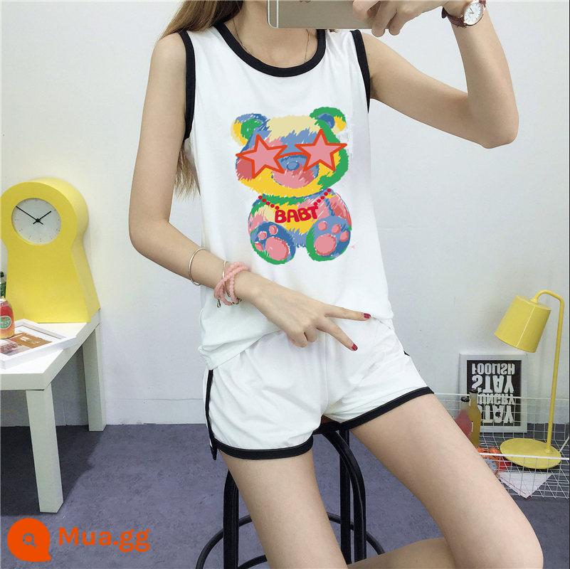 Bộ đồ thể thao thường ngày nữ không tay áo vest quần short chạy phù hợp với chất béo mm 2 bộ đồ mùa hè rộng kích thước lớn quần áo nữ - Bộ đồ trắng BABT Pig