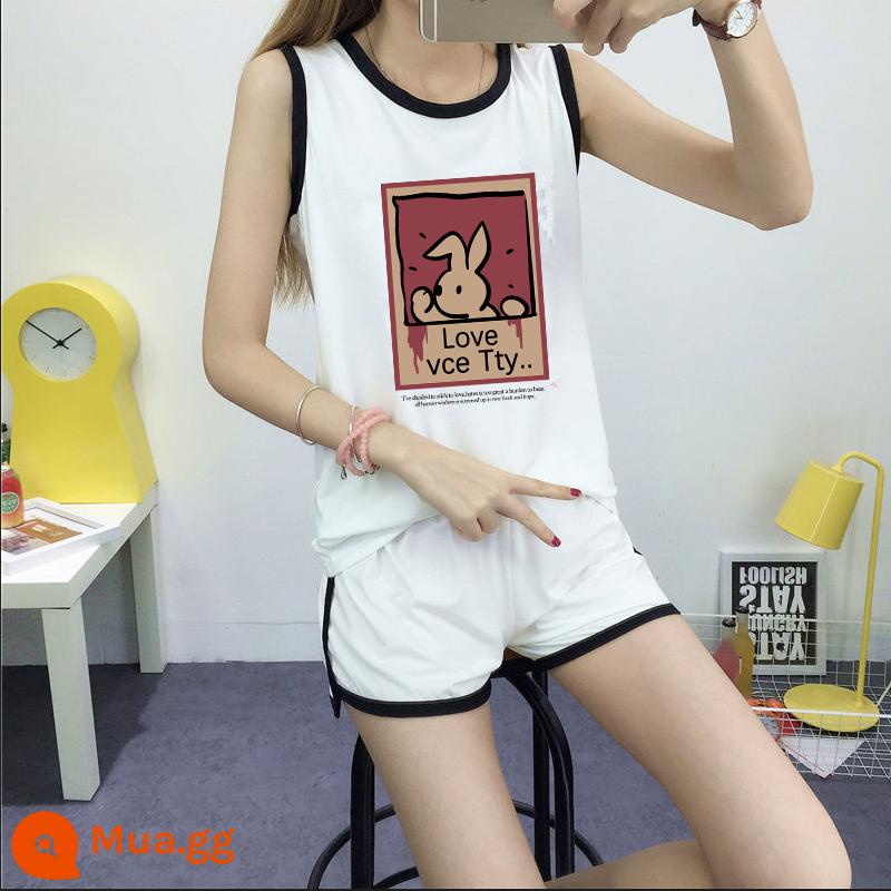 Bộ đồ thể thao thường ngày nữ không tay áo vest quần short chạy phù hợp với chất béo mm 2 bộ đồ mùa hè rộng kích thước lớn quần áo nữ - bộ đồ trắng thỏ đỏ