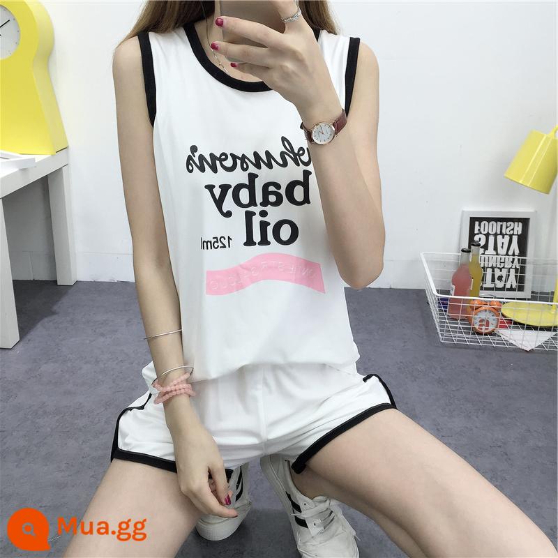 Bộ đồ thể thao thường ngày nữ không tay áo vest quần short chạy phù hợp với chất béo mm 2 bộ đồ mùa hè rộng kích thước lớn quần áo nữ - Màu trắng (phiên bản cao cấp)