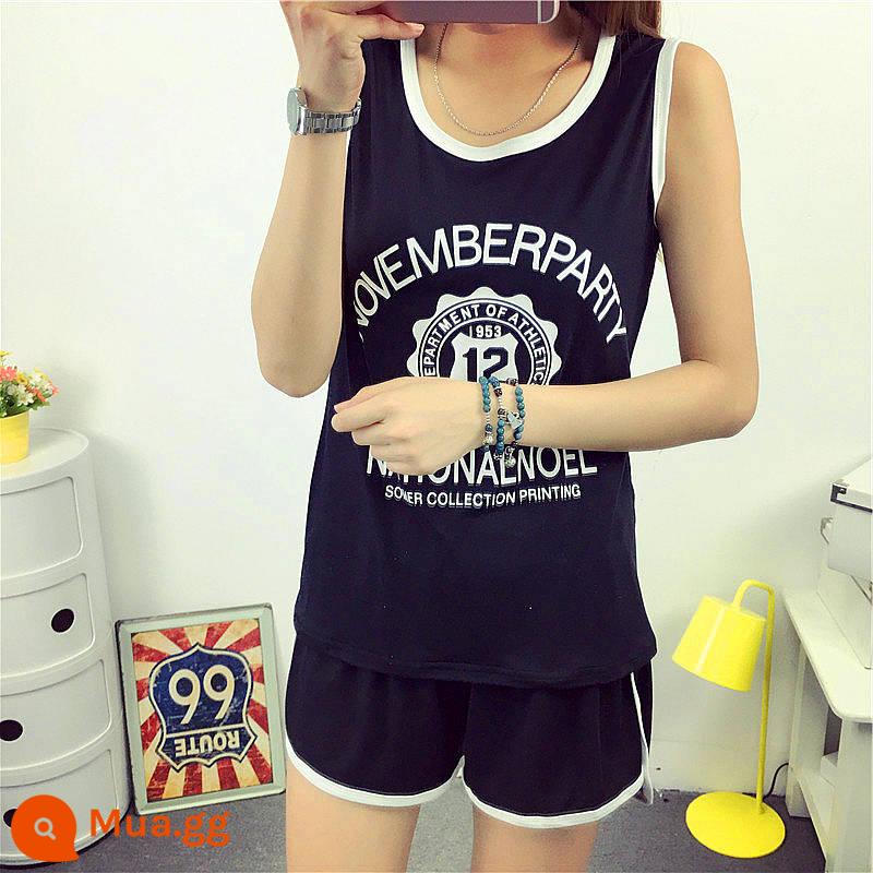 Bộ đồ thể thao thường ngày nữ không tay áo vest quần short chạy phù hợp với chất béo mm 2 bộ đồ mùa hè rộng kích thước lớn quần áo nữ - Suit đen kiểu mới 12