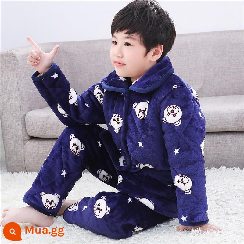 Bộ đồ ngủ cotton cho trẻ em quần áo mùa đông pha lê nhung bộ quần áo ở nhà bé trai và bé gái trung và lớn áo khoác bông cho trẻ em cộng với nhung dày mùa đông - Gấu sao dày ba lớp nhung pha lê màu xanh đậm