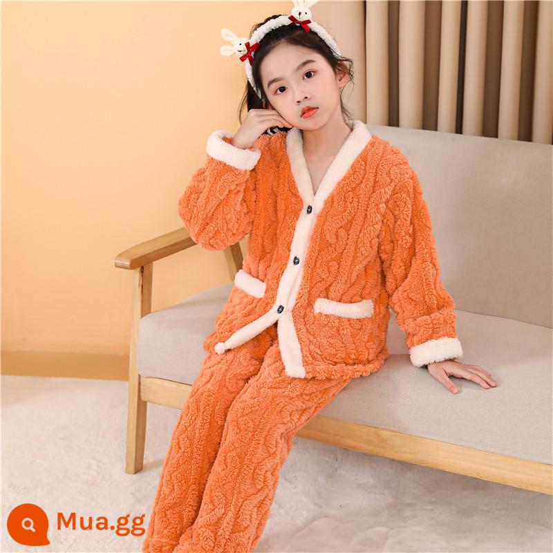 Bộ đồ ngủ trẻ em mùa đông Plus nhung dày bé trai mùa đông bé gái bé trai flannel bé gái san hô mặc nhà quần áo - Nữ màu cam viền trắng