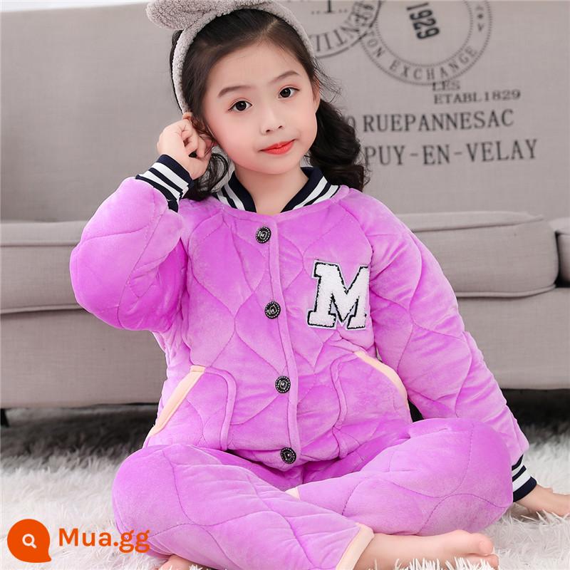 Bộ đồ ngủ cotton cho trẻ em quần áo mùa đông pha lê nhung bộ quần áo ở nhà bé trai và bé gái trung và lớn áo khoác bông cho trẻ em cộng với nhung dày mùa đông - Đồng phục bóng chày cổ nhung pha lê màu tím