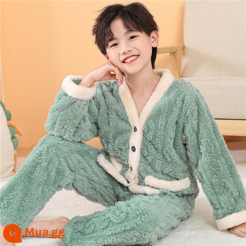 Bộ đồ ngủ trẻ em mùa đông Plus nhung dày bé trai mùa đông bé gái bé trai flannel bé gái san hô mặc nhà quần áo - Người đàn ông xanh viền trắng và quả táo