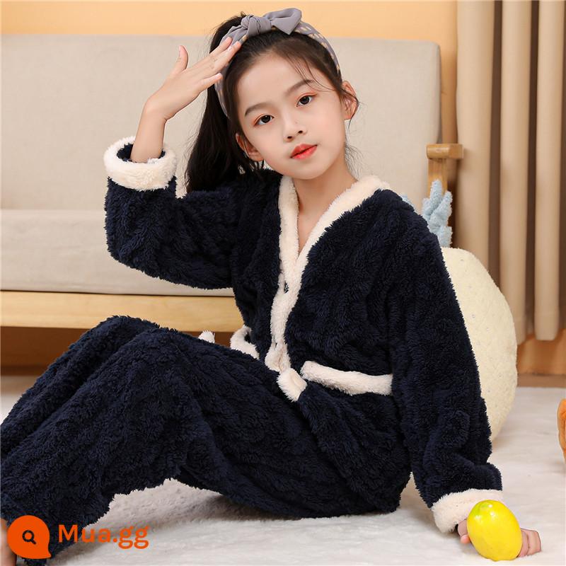 Bộ đồ ngủ trẻ em mùa đông Plus nhung dày bé trai mùa đông bé gái bé trai flannel bé gái san hô mặc nhà quần áo - Nữ viền trắng xanh navy