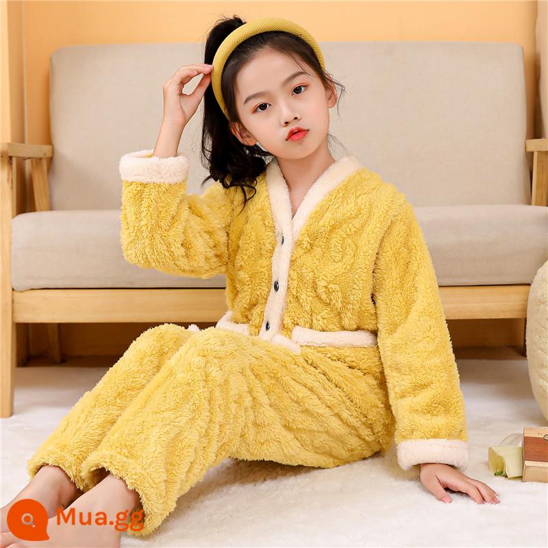 Bộ đồ ngủ trẻ em mùa đông Plus nhung dày bé trai mùa đông bé gái bé trai flannel bé gái san hô mặc nhà quần áo - Nữ màu vàng chanh viền trắng