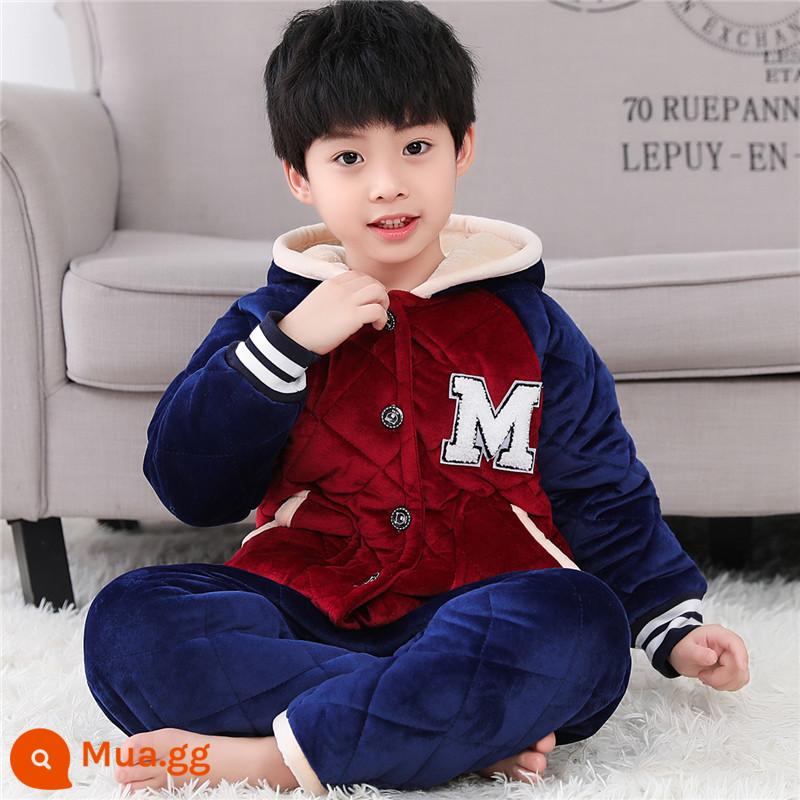 Bộ đồ ngủ cotton cho trẻ em quần áo mùa đông pha lê nhung bộ quần áo ở nhà bé trai và bé gái trung và lớn áo khoác bông cho trẻ em cộng với nhung dày mùa đông - Đồng phục bóng chày mũ nhung pha lê màu đỏ tía