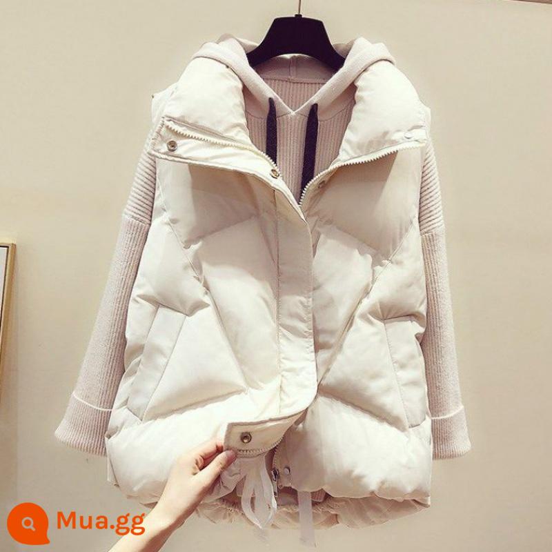 Áo vest cotton mùa thu đông nữ dài vừa phải phong cách Hàn Quốc áo vest cổ đứng dáng rộng áo vest đa năng áo khoác vest dành cho nữ - Be