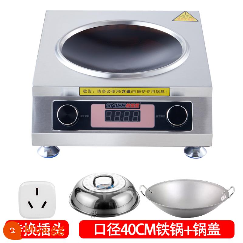 Bếp điện từ thương mại công suất cao 3500W lõm hộ gia đình Khách sạn 4200W với ngọn lửa dữ dội bếp điện từ mới lò chiên - Núm đôi + Nồi sắt trắng 40CM (thích hợp cho 3-10 người)