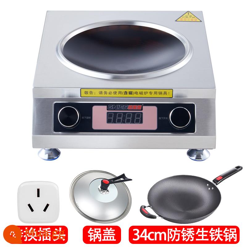 Bếp điện từ thương mại công suất cao 3500W lõm hộ gia đình Khách sạn 4200W với ngọn lửa dữ dội bếp điện từ mới lò chiên - Núm đôi + Nồi gang chống rỉ 34CM (thích hợp cho 1-6 người)