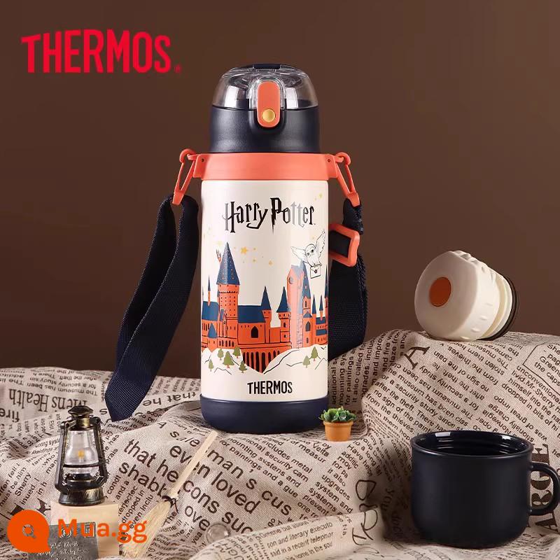 [Cửa hàng Flagship] Bình giữ nhiệt Harry Potter Cốc giữ nhiệt cho trẻ em Cốc có ống hút Cốc có ống hút Cốc nước dung tích lớn - [600ML] Hogwarts Orange (nắp rơm+nắp nước+dây đeo vai)